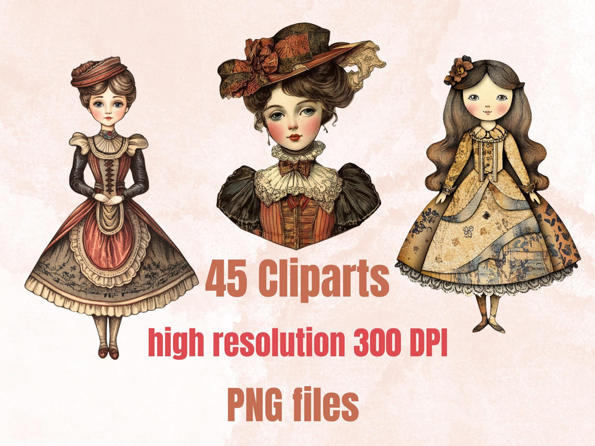 Whimsical Victorian Girls Mixed Media Clipart, Whimsy Victorian Doll Fussy Cut Collage Sheet, Quirky Cut Out Ephemera, for Scrapbooking