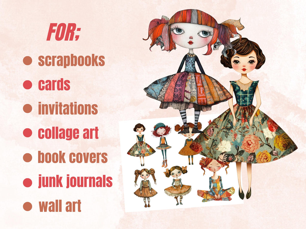 Whimsical Girls Mixed Media Clipart, Whimsy Girl Fussy Cut Collage Sheet, Quirky Cut Out Ephemera, PNG + JPG for Scrapbooking, Junk Journal