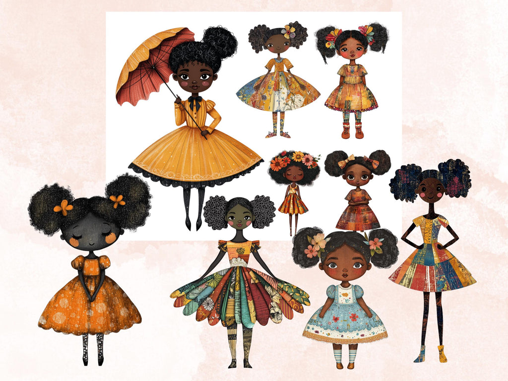 Whimsical Black Girls Mixed Media Clipart, Whimsy Afro Girl Fussy Cut Collage Sheet, Quirky Cut Out Ephemera, Scrapbooking, Junk Journal