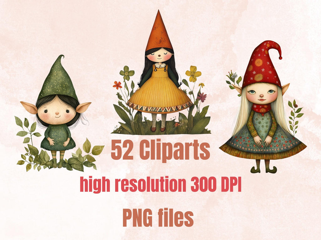 Whimsical Gnome Girls Mixed Media Clipart, Whimsy Garden Girl Fussy Cut Collage Sheet, Quirky Cut Out Ephemera, Scrapbooking, Junk Journal