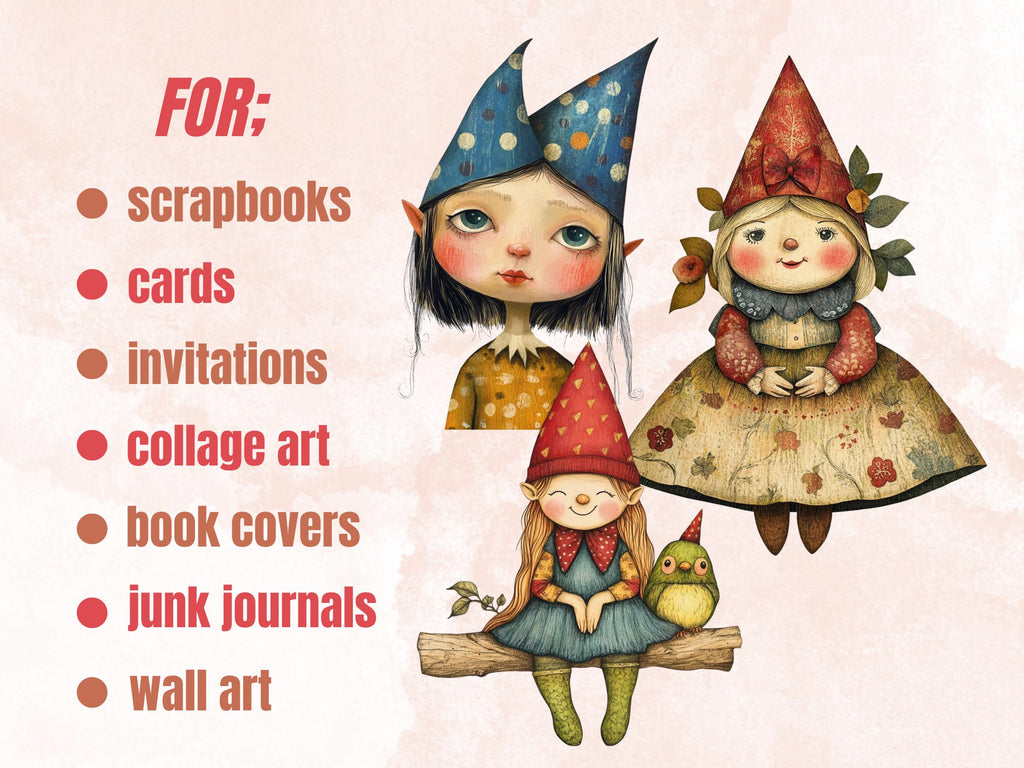 Whimsical Gnome Girls Mixed Media Clipart, Whimsy Garden Girl Fussy Cut Collage Sheet, Quirky Cut Out Ephemera, Scrapbooking, Junk Journal