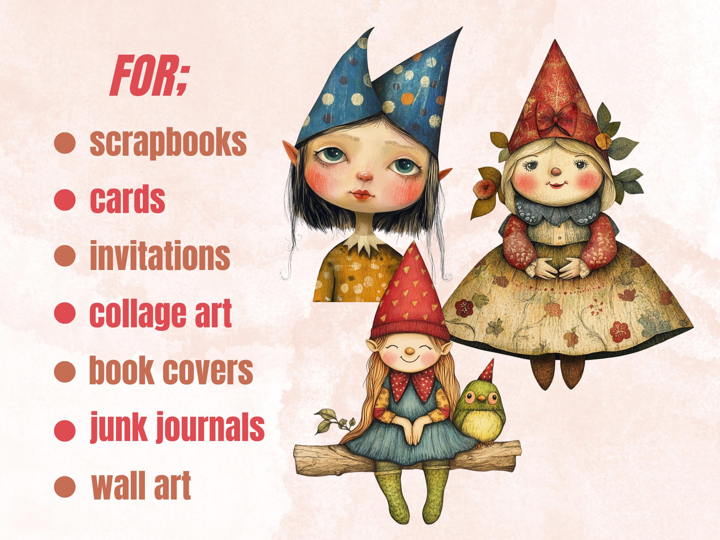 Whimsical Gnome Girls Mixed Media Clipart, Whimsy Garden Girl Fussy Cut Collage Sheet, Quirky Cut Out Ephemera, Scrapbooking, Junk Journal