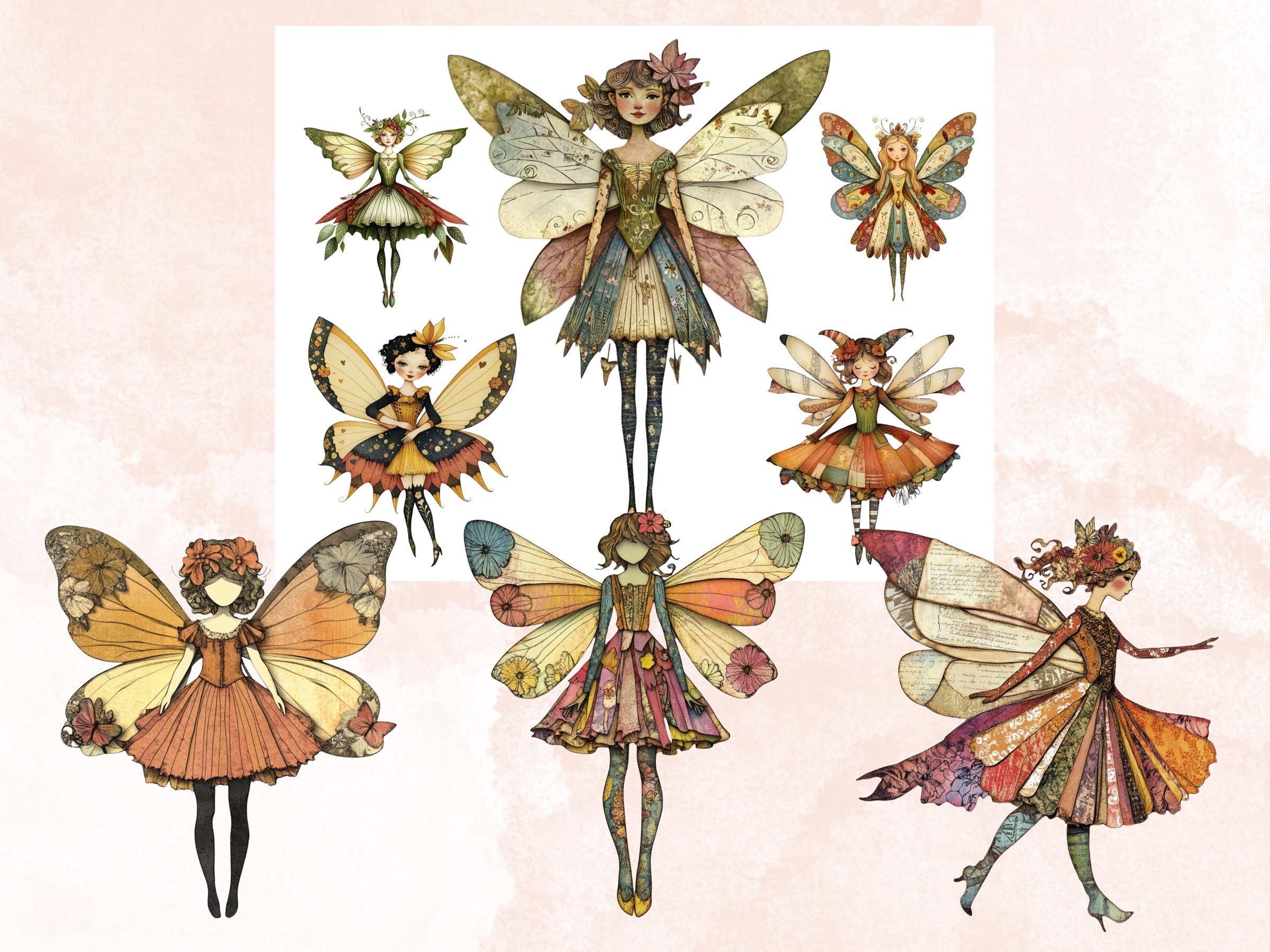 Whimsical Fairy Mixed Media Clipart, Whimsy Fairy Fussy Cut Collage Sheet, Quirky Cut Out Ephemera, PNG + JPG for Scrapbooking, Junk Journal