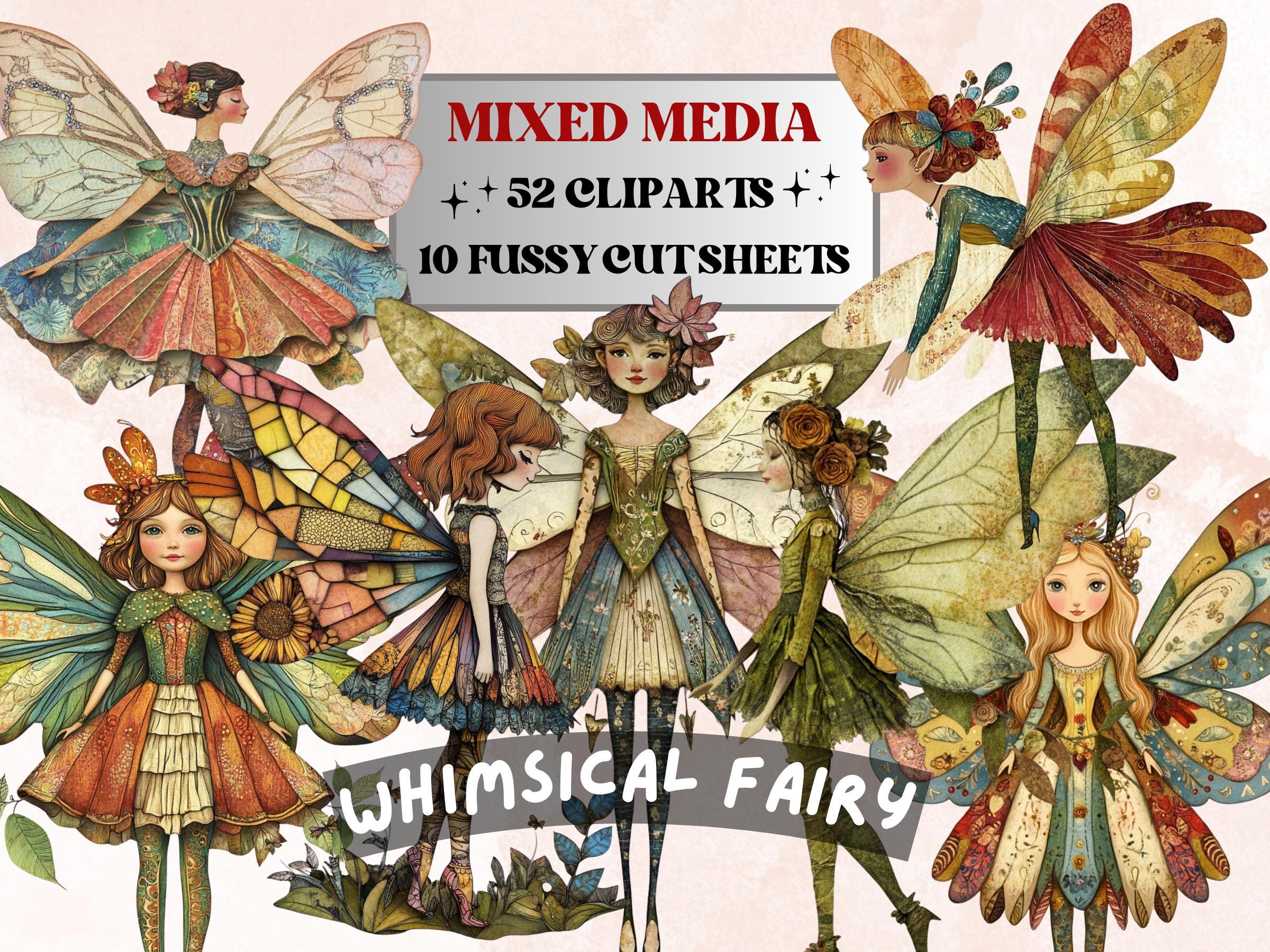 Whimsical Fairy Mixed Media Clipart, Whimsy Fairy Fussy Cut Collage Sheet, Quirky Cut Out Ephemera, PNG + JPG for Scrapbooking, Junk Journal