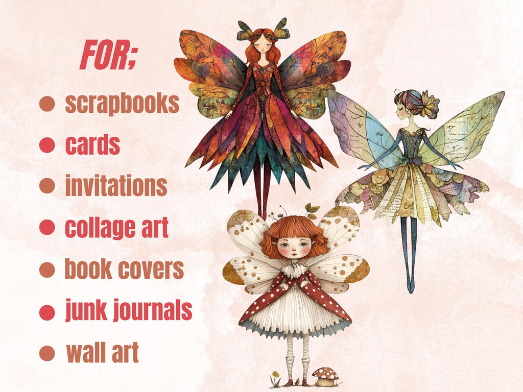 Whimsical Fairy Mixed Media Clipart, Whimsy Fairy Fussy Cut Collage Sheet, Quirky Cut Out Ephemera, PNG + JPG for Scrapbooking, Junk Journal