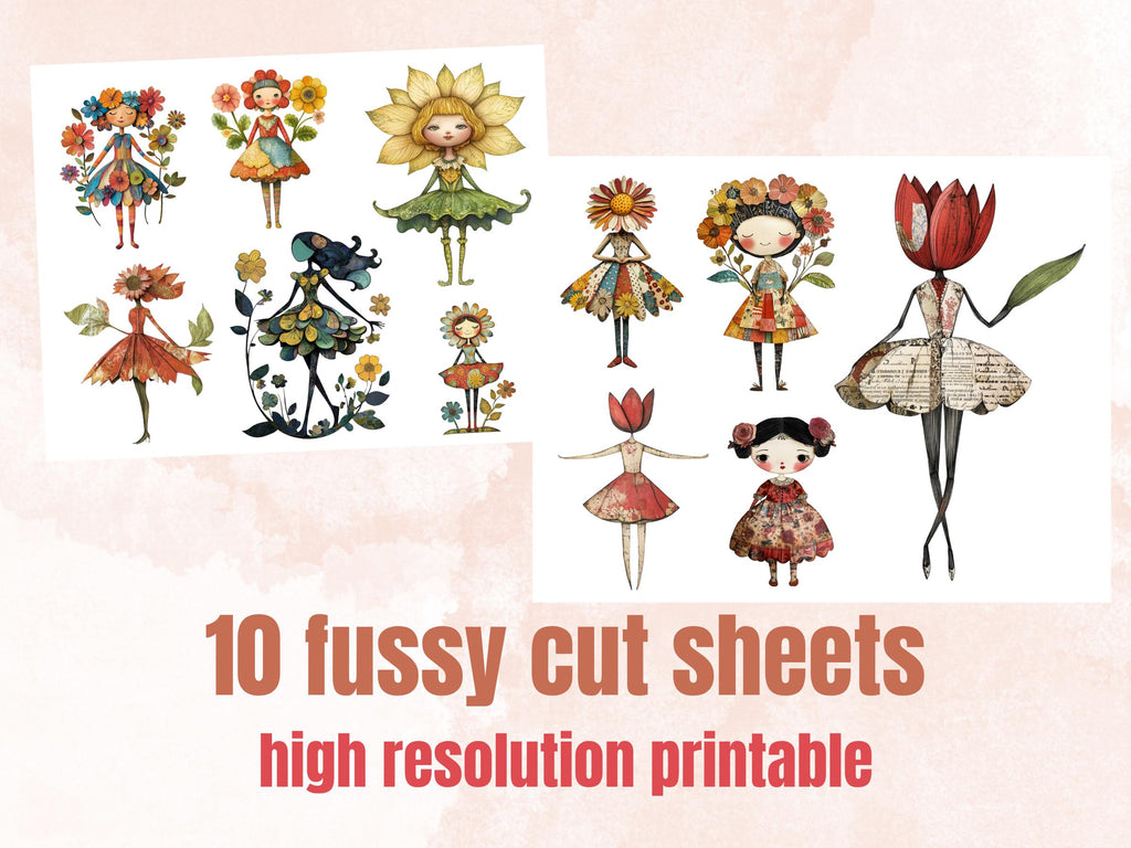Whimsical Flower Girl Mixed Media Clipart, Whimsy Floral Fussy Cut Collage Sheet, Quirky Cut Out Ephemera, for Scrapbooking, Junk Journal