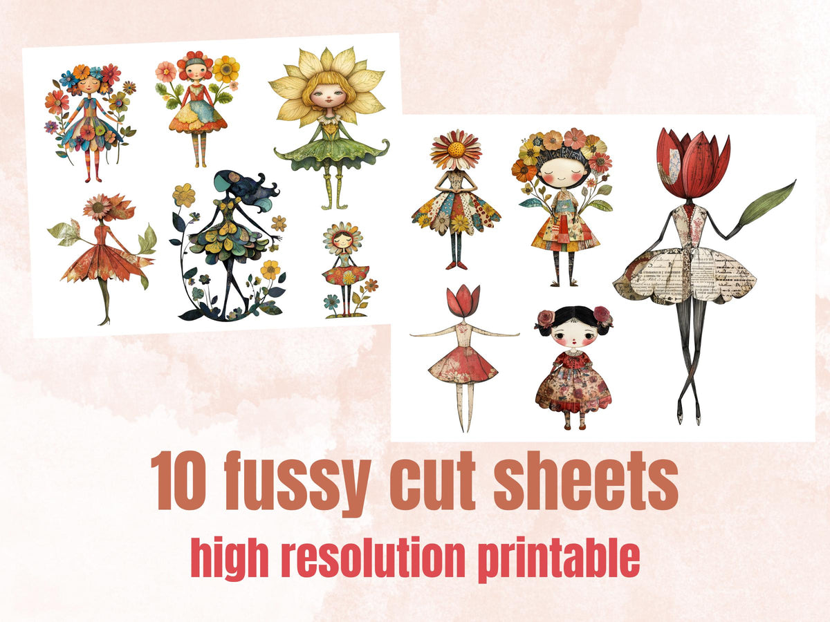Whimsical Flower Girl Mixed Media Clipart, Whimsy Floral Fussy Cut Collage Sheet, Quirky Cut Out Ephemera, for Scrapbooking, Junk Journal