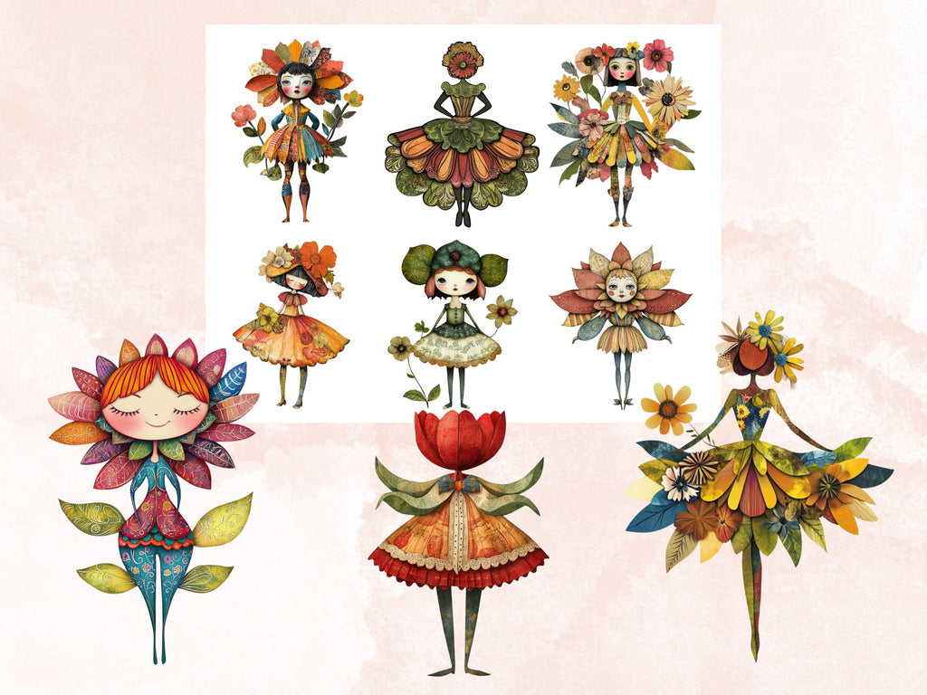 Whimsical Flower Girl Mixed Media Clipart, Whimsy Floral Fussy Cut Collage Sheet, Quirky Cut Out Ephemera, for Scrapbooking, Junk Journal