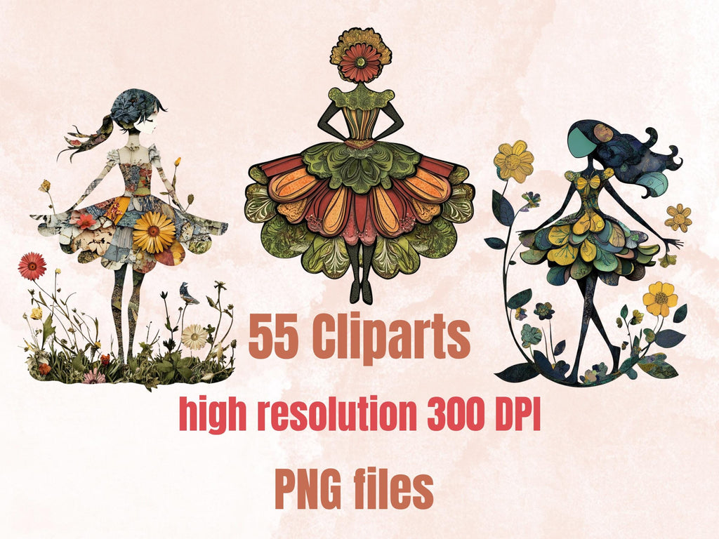 Whimsical Flower Girl Mixed Media Clipart, Whimsy Floral Fussy Cut Collage Sheet, Quirky Cut Out Ephemera, for Scrapbooking, Junk Journal