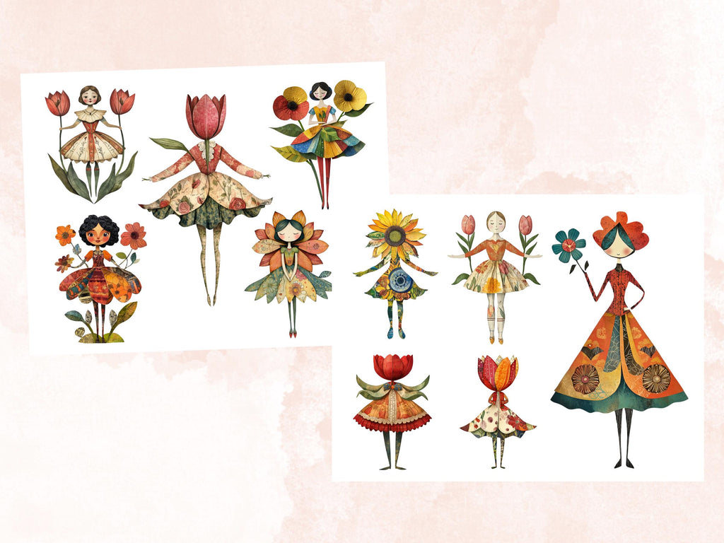 Whimsical Flower Girl Mixed Media Clipart, Whimsy Floral Fussy Cut Collage Sheet, Quirky Cut Out Ephemera, for Scrapbooking, Junk Journal