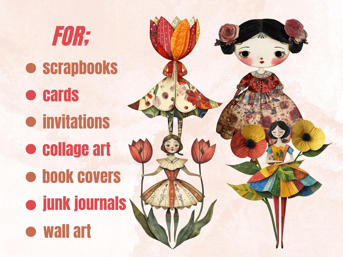 Whimsical Flower Girl Mixed Media Clipart, Whimsy Floral Fussy Cut Collage Sheet, Quirky Cut Out Ephemera, for Scrapbooking, Junk Journal