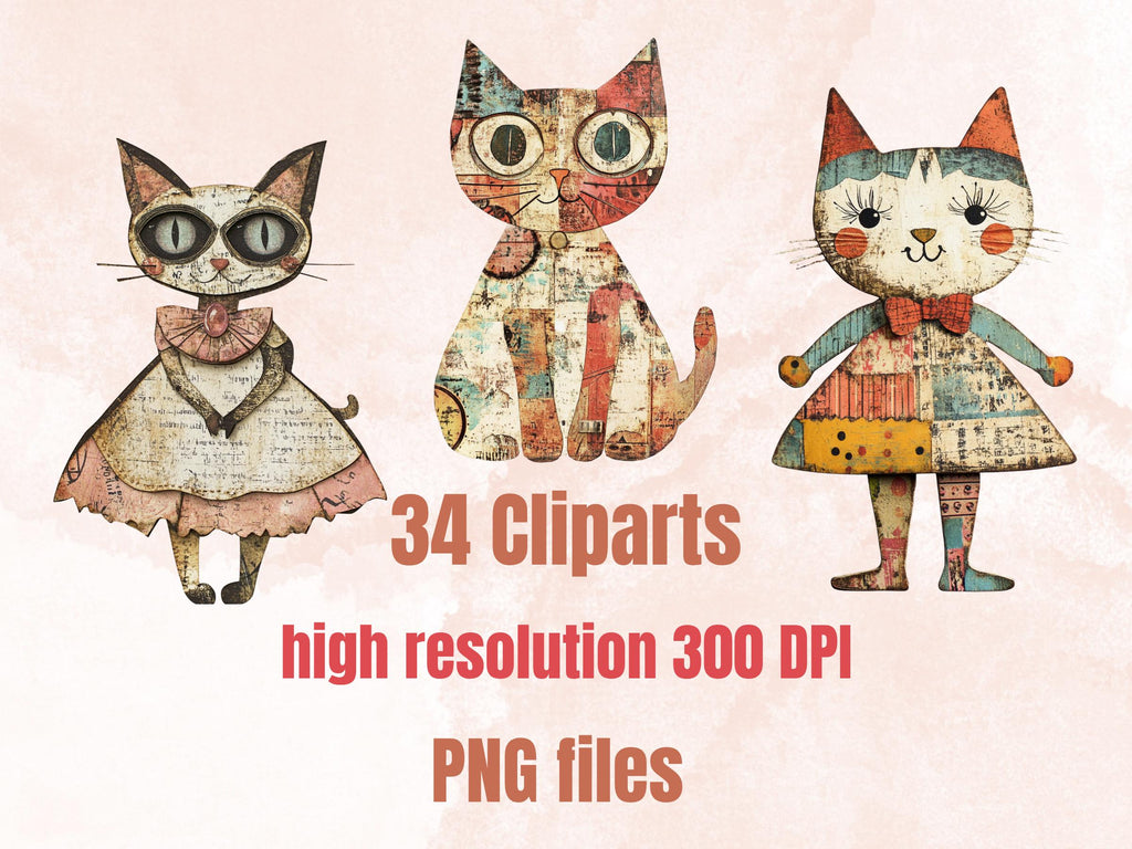 Whimsical Cat Mixed Media Clipart, Whimsy Cats Fussy Cut Collage Sheet, Quirky Cut Out Ephemera, PNG + JPG for Scrapbooking, Junk Journal