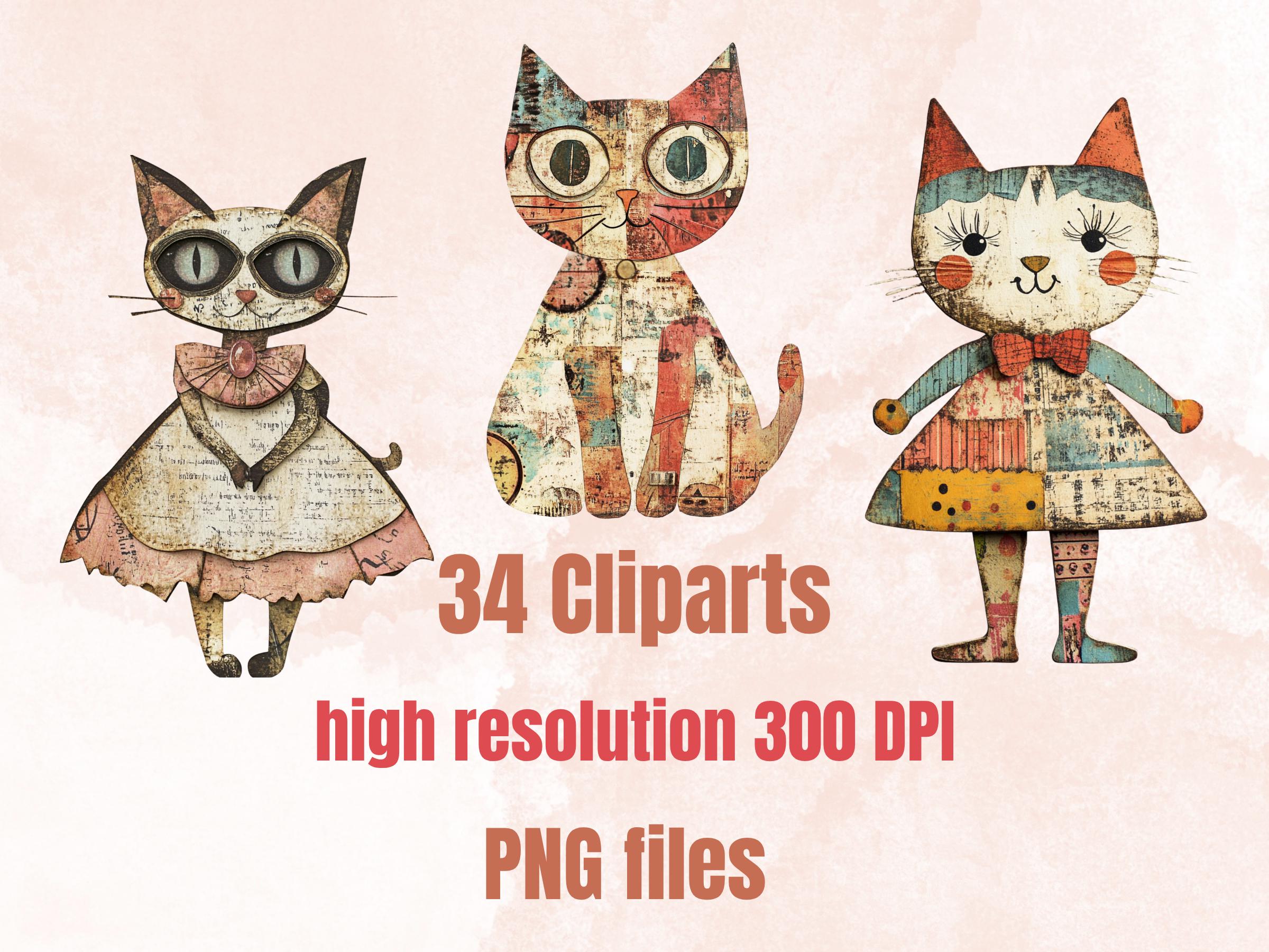 Whimsical Cat Mixed Media Clipart, Whimsy Cats Fussy Cut Collage Sheet, Quirky Cut Out Ephemera, PNG + JPG for Scrapbooking, Junk Journal