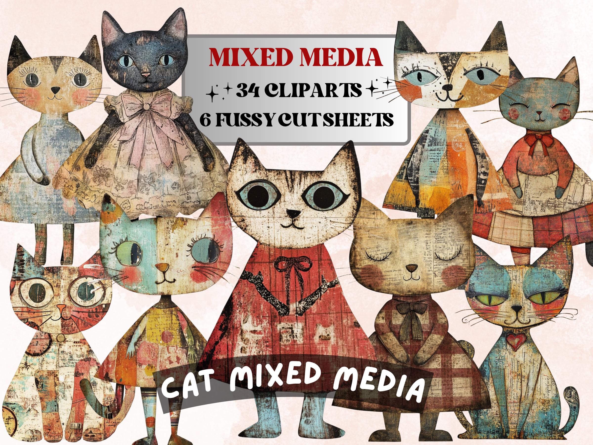 Whimsical Cat Mixed Media Clipart, Whimsy Cats Fussy Cut Collage Sheet, Quirky Cut Out Ephemera, PNG + JPG for Scrapbooking, Junk Journal