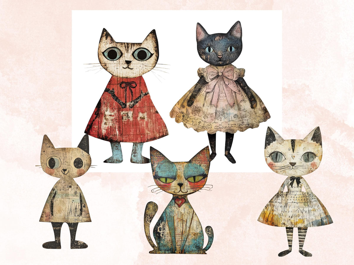 Whimsical Cat Mixed Media Clipart, Whimsy Cats Fussy Cut Collage Sheet, Quirky Cut Out Ephemera, PNG + JPG for Scrapbooking, Junk Journal
