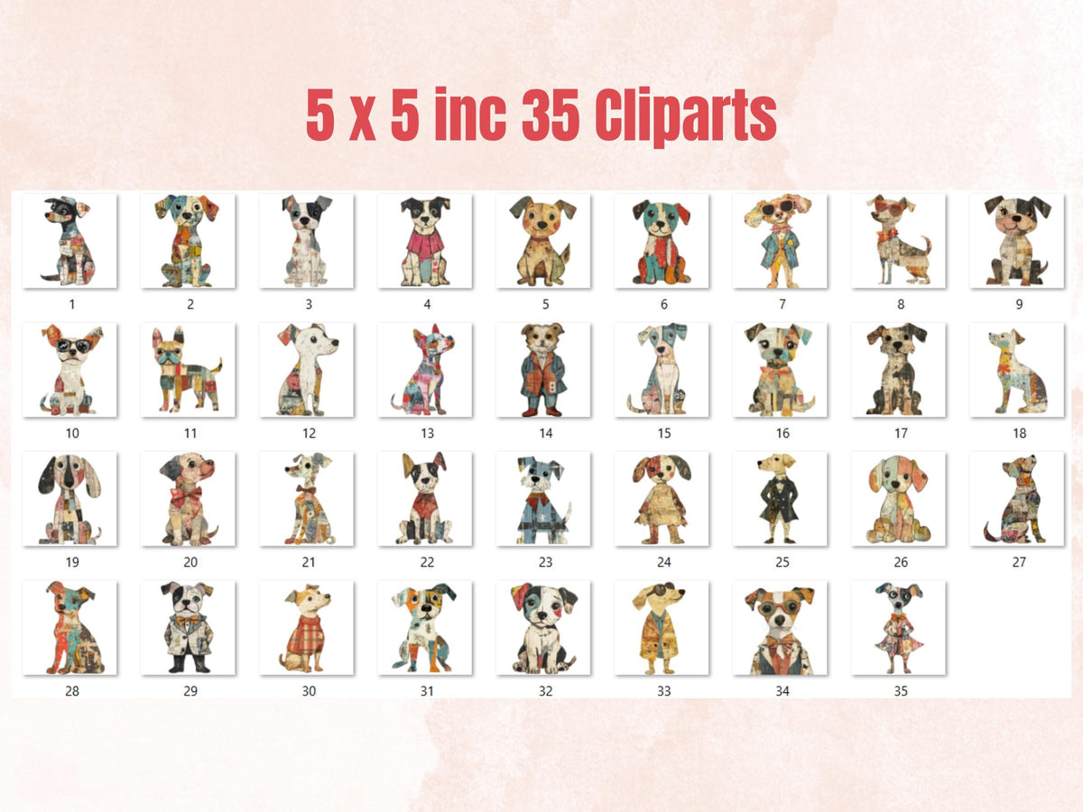 Whimsical Dog Mixed Media Clipart, Whimsy Dogs Fussy Cut Collage Sheet, Quirky Cut Out Ephemera, Grunge Texture for Scrapbook, Junk Journal