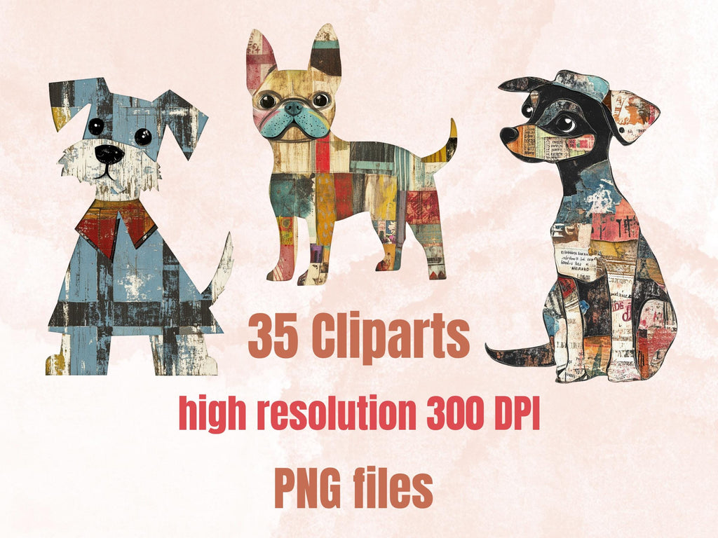 Whimsical Dog Mixed Media Clipart, Whimsy Dogs Fussy Cut Collage Sheet, Quirky Cut Out Ephemera, Grunge Texture for Scrapbook, Junk Journal