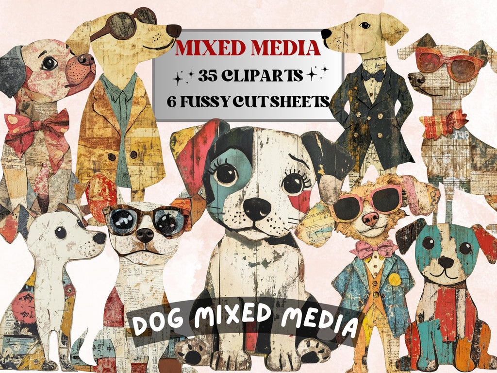 Whimsical Dog Mixed Media Clipart, Whimsy Dogs Fussy Cut Collage Sheet, Quirky Cut Out Ephemera, Grunge Texture for Scrapbook, Junk Journal