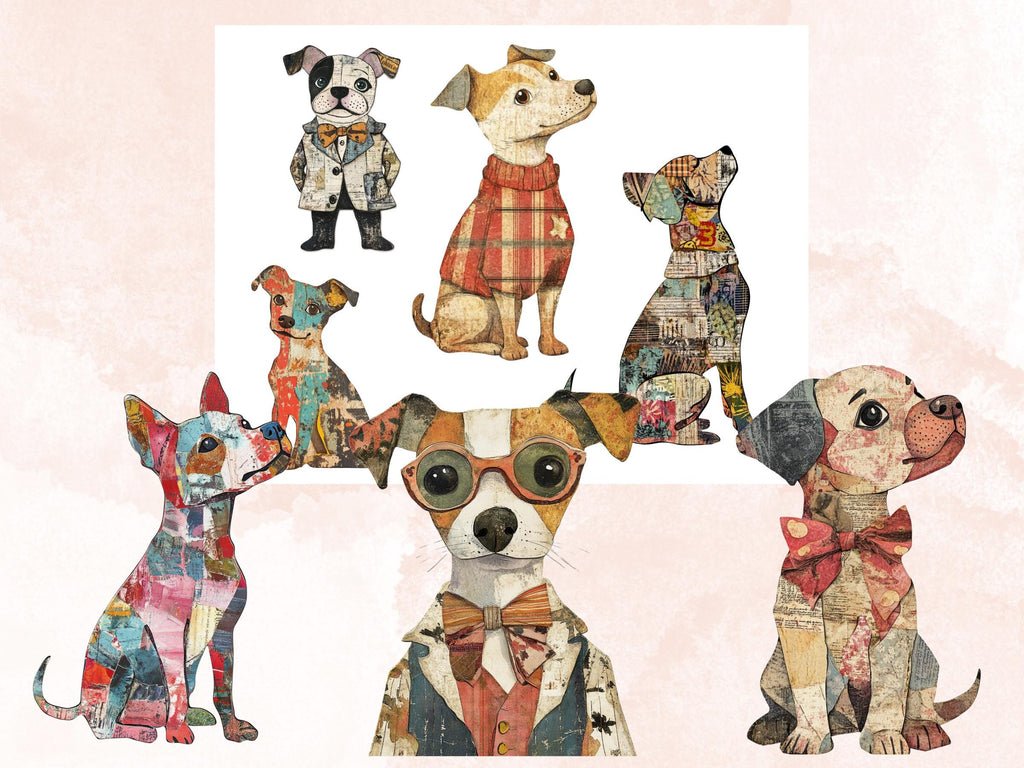 Whimsical Dog Mixed Media Clipart, Whimsy Dogs Fussy Cut Collage Sheet, Quirky Cut Out Ephemera, Grunge Texture for Scrapbook, Junk Journal