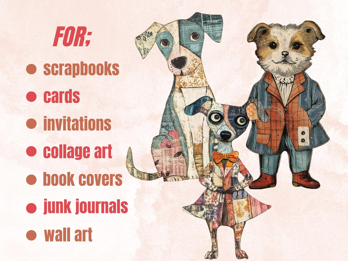 Whimsical Dog Mixed Media Clipart, Whimsy Dogs Fussy Cut Collage Sheet, Quirky Cut Out Ephemera, Grunge Texture for Scrapbook, Junk Journal