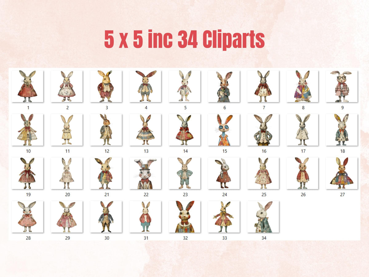 Whimsical Rabbit Mixed Media Clipart, Fairytale Bunny Fussy Cut Collage Sheet, Quirky Cut Out Ephemera, Grunge Texture Scrapbook, Journal