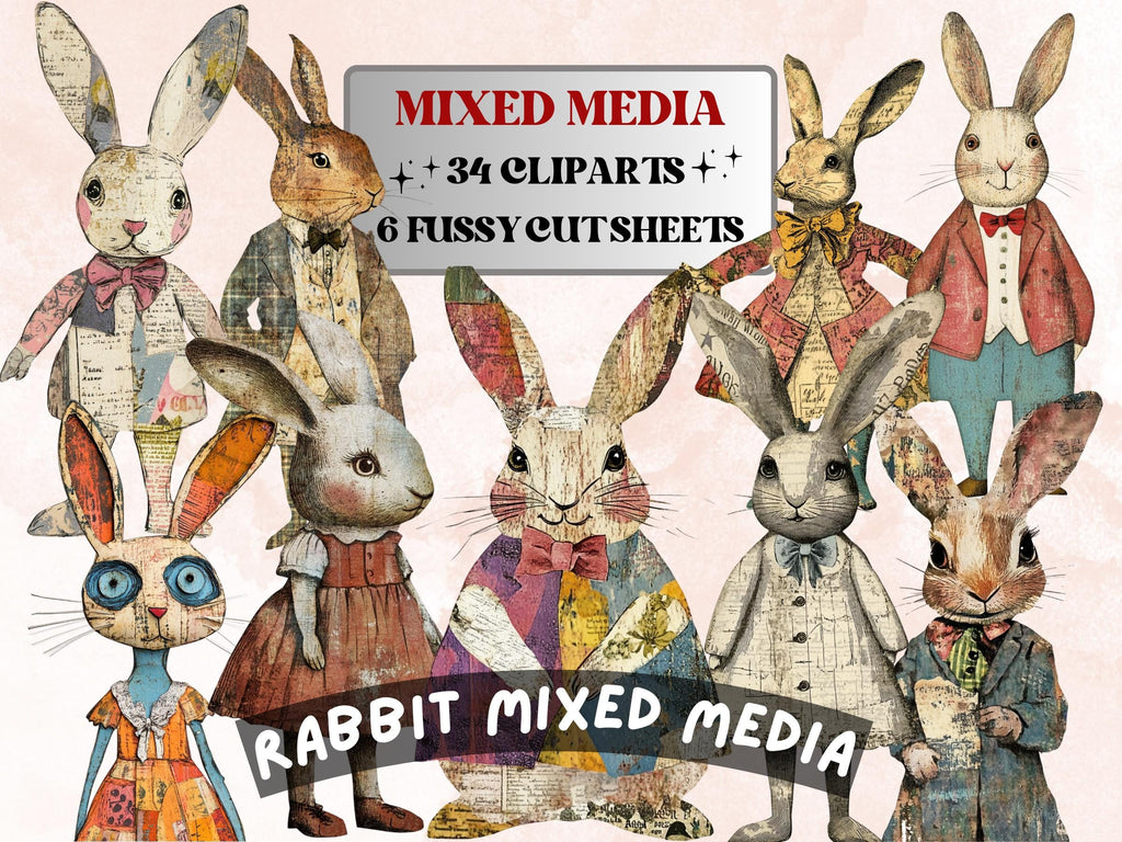 Whimsical Rabbit Mixed Media Clipart, Fairytale Bunny Fussy Cut Collage Sheet, Quirky Cut Out Ephemera, Grunge Texture Scrapbook, Journal