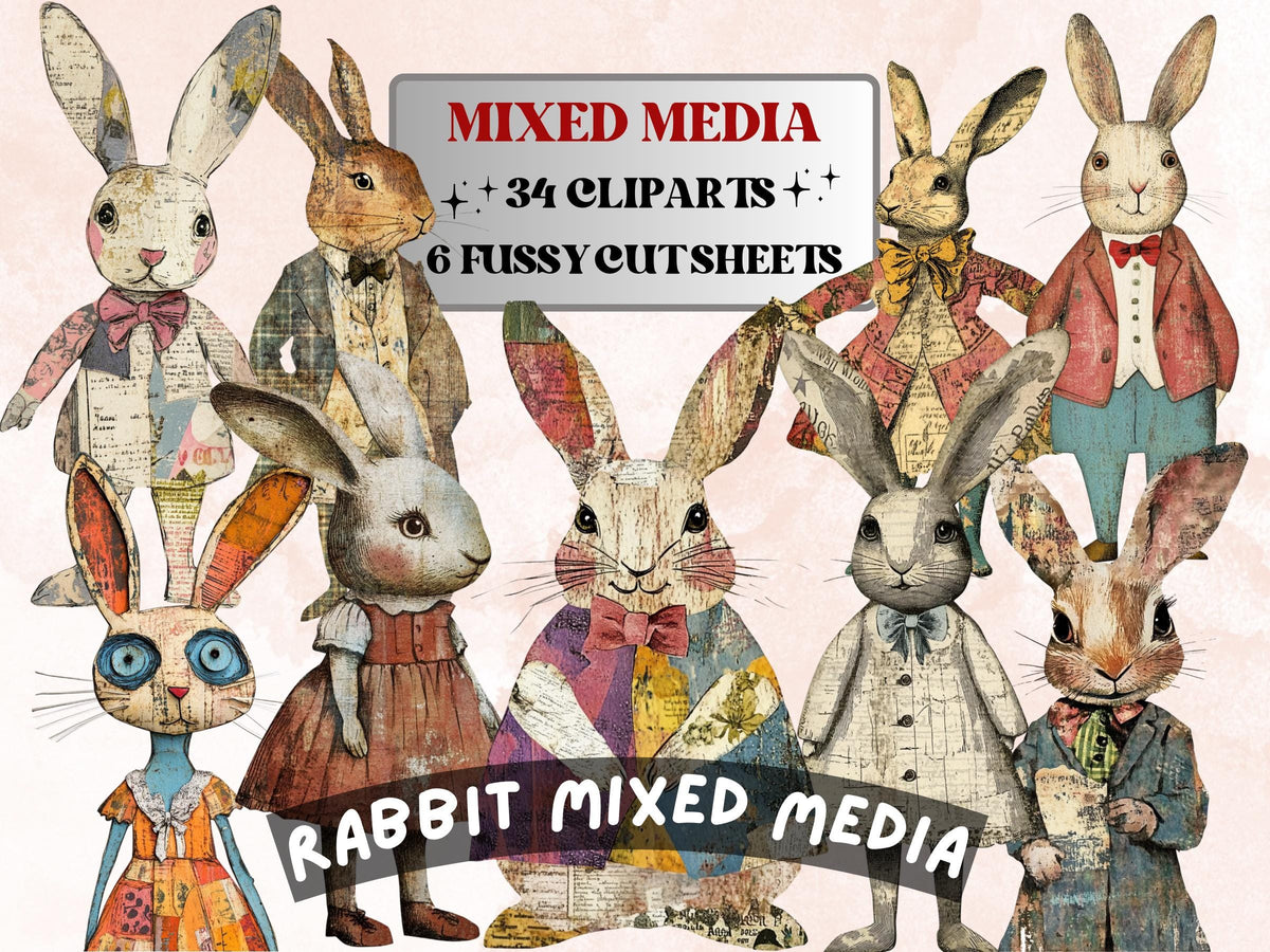 Whimsical Rabbit Mixed Media Clipart, Fairytale Bunny Fussy Cut Collage Sheet, Quirky Cut Out Ephemera, Grunge Texture Scrapbook, Journal