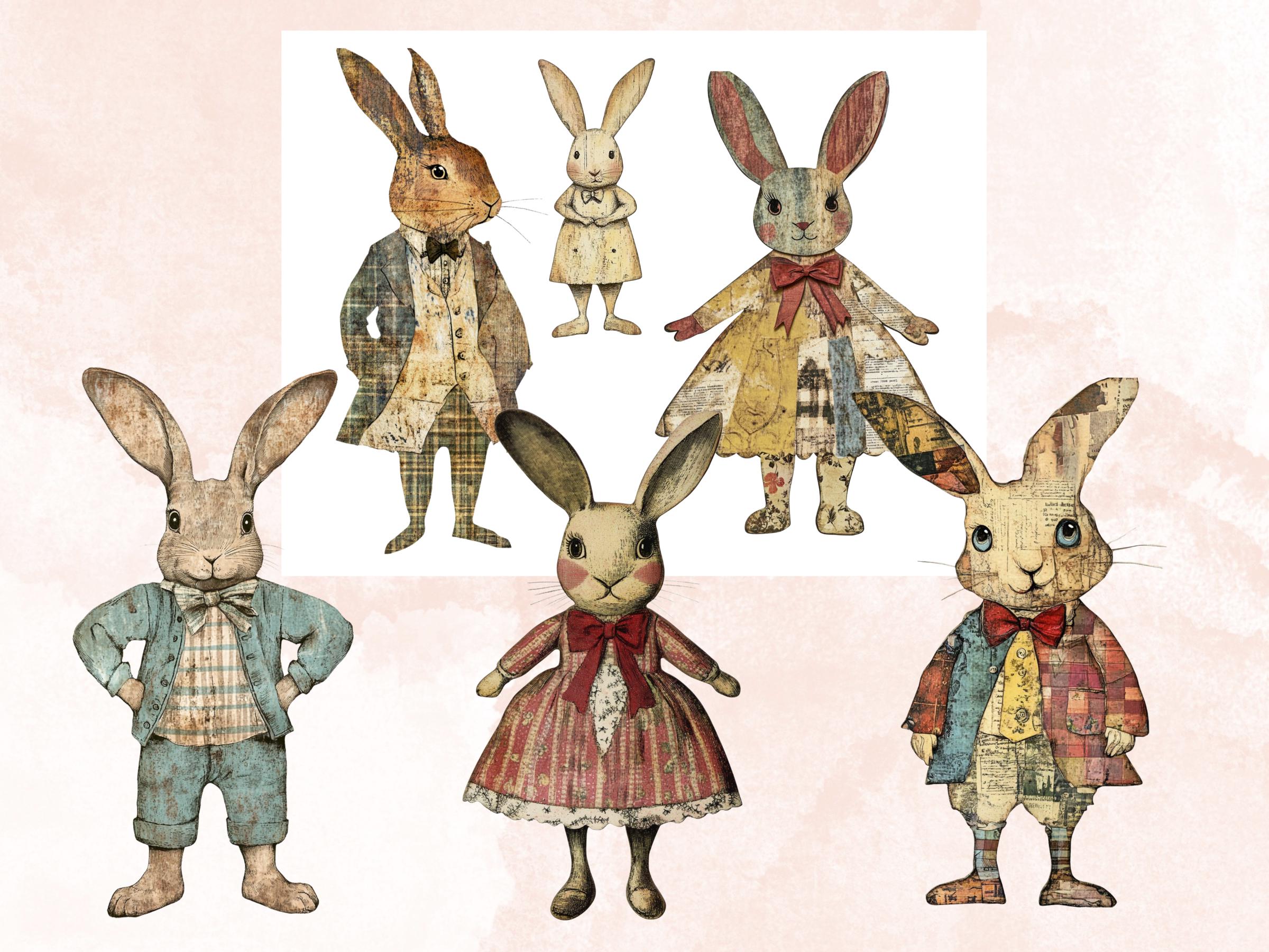 Whimsical Rabbit Mixed Media Clipart, Fairytale Bunny Fussy Cut Collage Sheet, Quirky Cut Out Ephemera, Grunge Texture Scrapbook, Journal