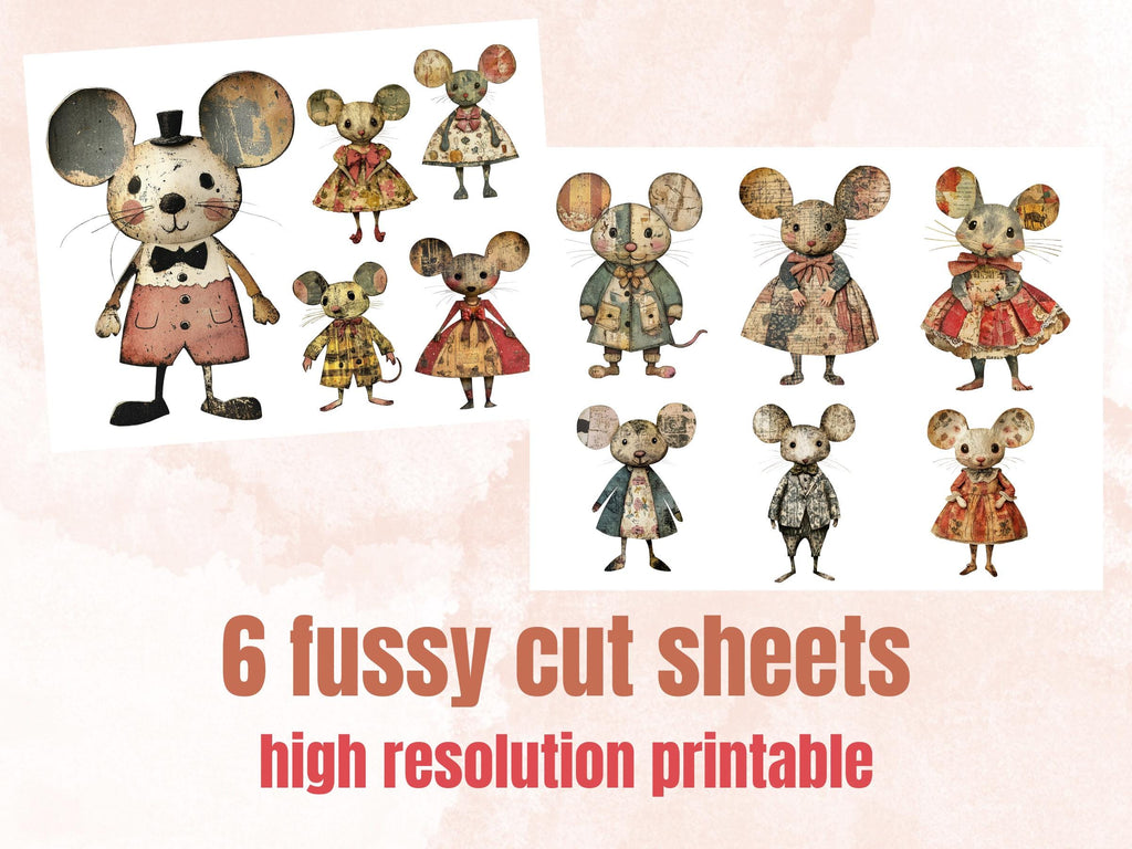 Whimsical Mouse Mixed Media Clipart, Whimsy Mice Fussy Cut Collage Sheet, Quirky Cut Out Ephemera, PNG + JPG for Scrapbooking, Junk Journal