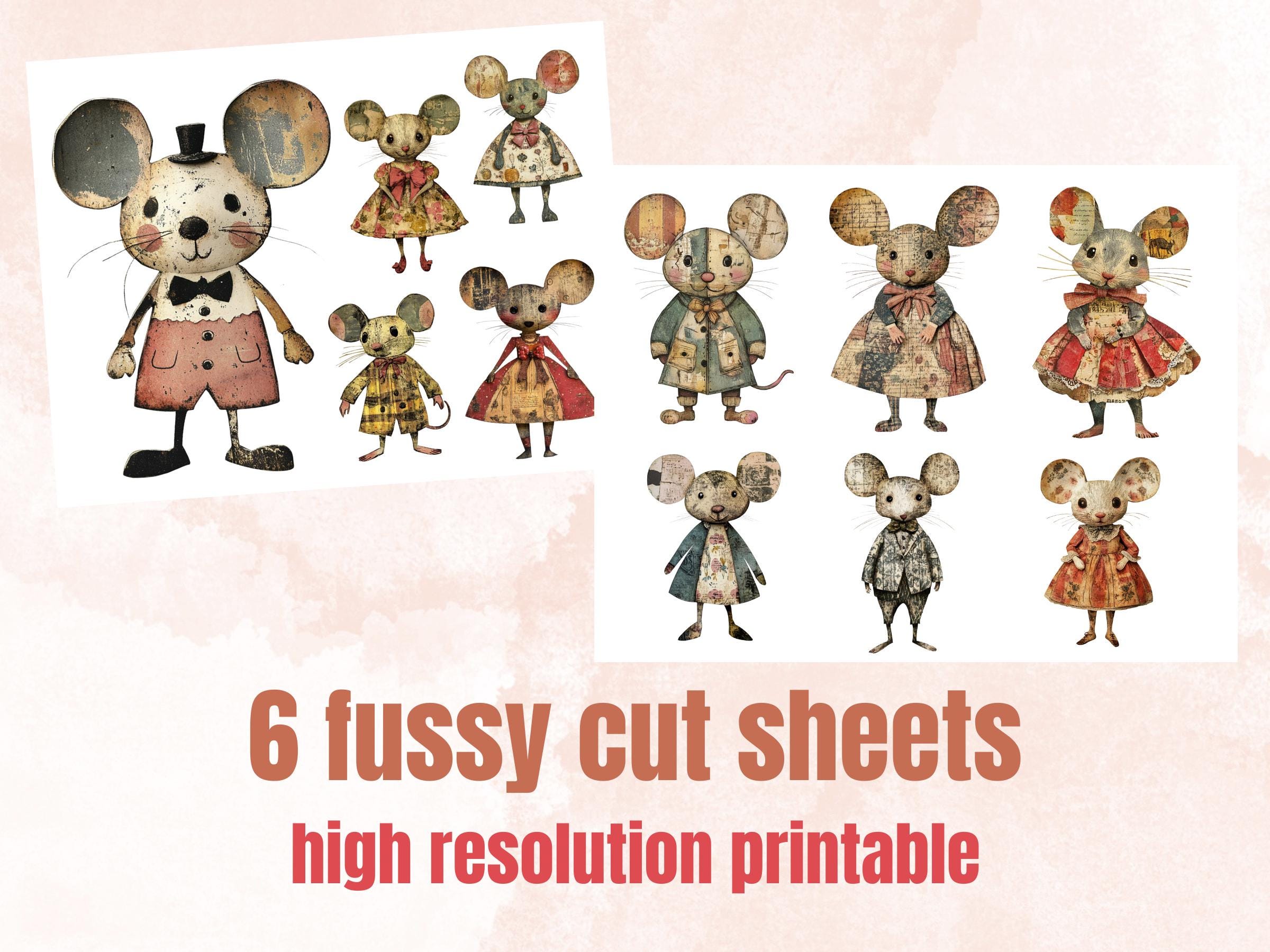Whimsical Mouse Mixed Media Clipart, Whimsy Mice Fussy Cut Collage Sheet, Quirky Cut Out Ephemera, PNG + JPG for Scrapbooking, Junk Journal