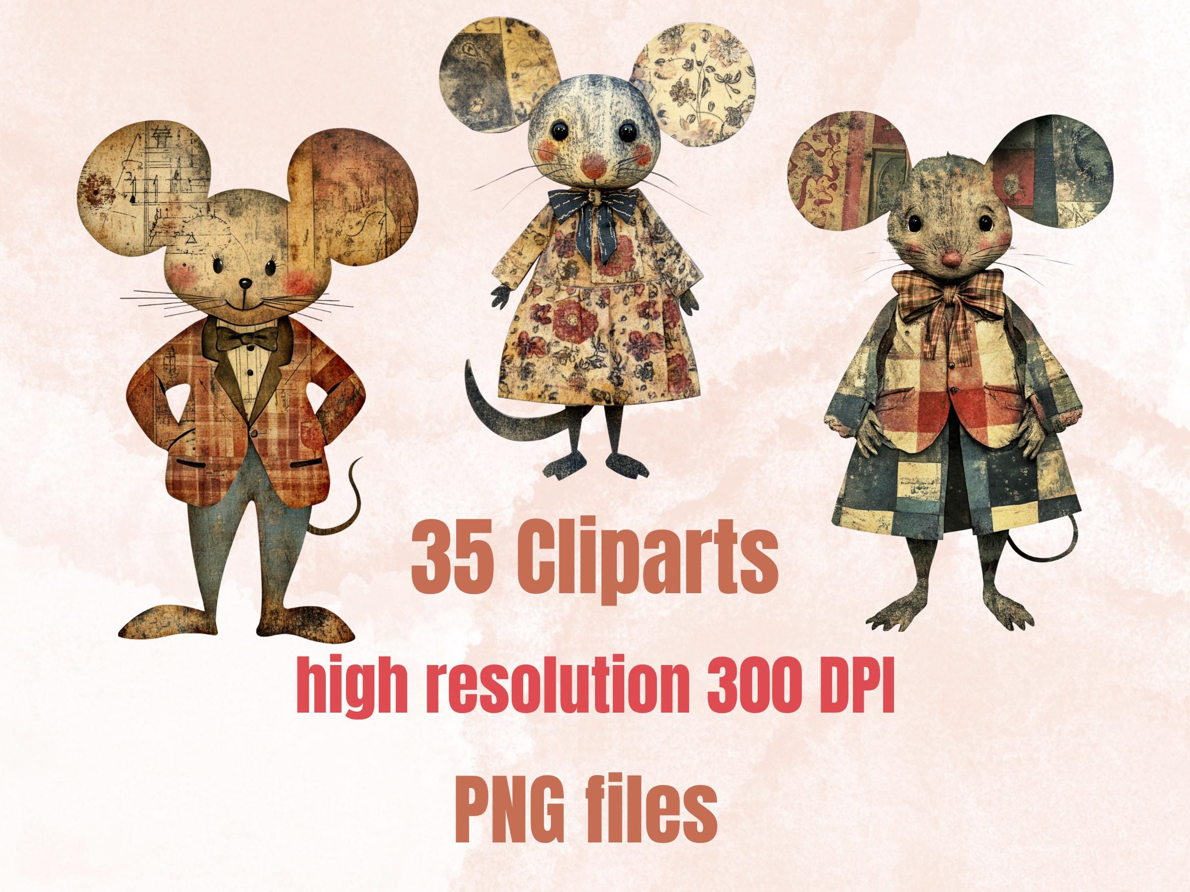 Whimsical Mouse Mixed Media Clipart, Whimsy Mice Fussy Cut Collage Sheet, Quirky Cut Out Ephemera, PNG + JPG for Scrapbooking, Junk Journal