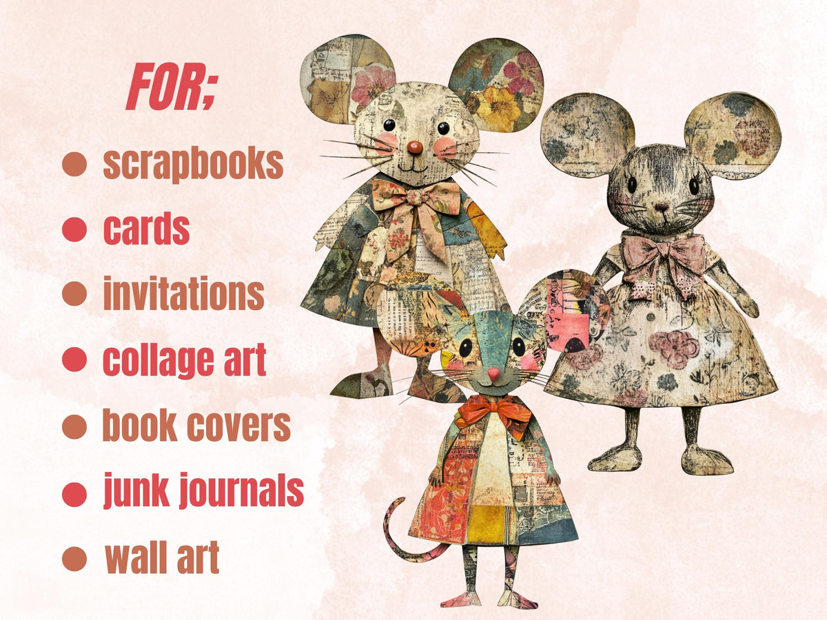 Whimsical Mouse Mixed Media Clipart, Whimsy Mice Fussy Cut Collage Sheet, Quirky Cut Out Ephemera, PNG + JPG for Scrapbooking, Junk Journal