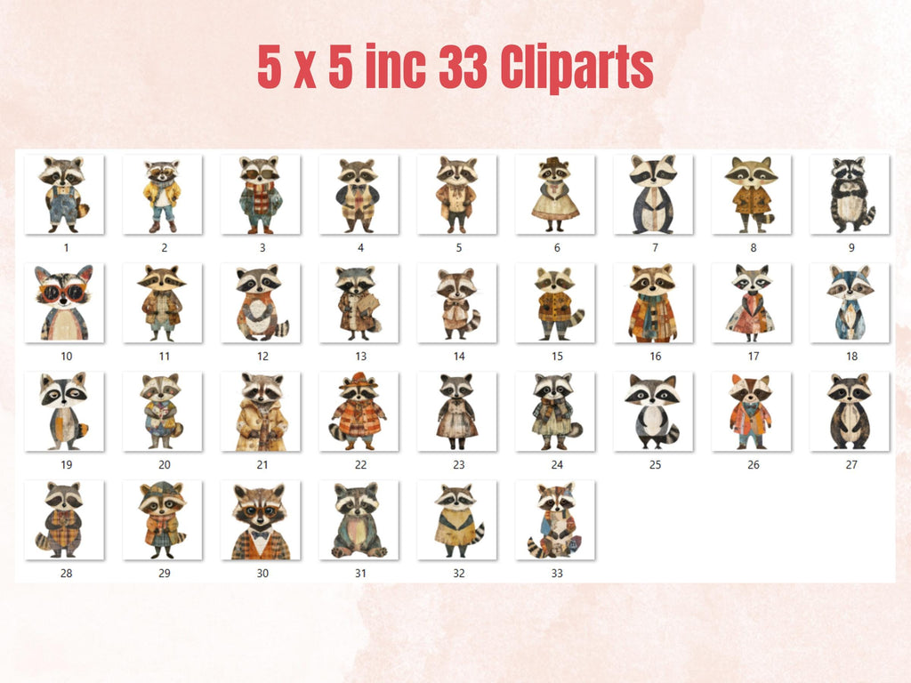 Whimsical Raccoon Mixed Media Clipart, Whimsy Raccoon Fussy Cut Collage Sheet, Quirky Cut Out Ephemera, PNG + JPG for Scrapbooking, Journal