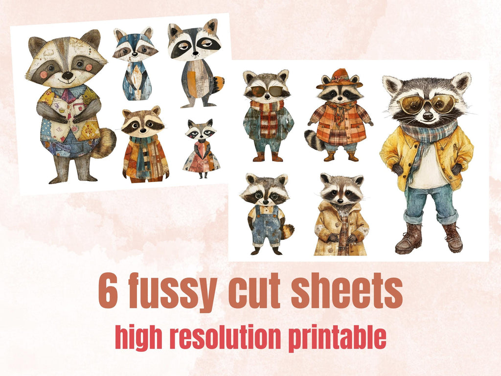 Whimsical Raccoon Mixed Media Clipart, Whimsy Raccoon Fussy Cut Collage Sheet, Quirky Cut Out Ephemera, PNG + JPG for Scrapbooking, Journal