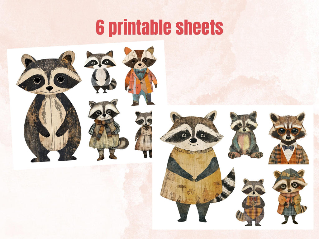 Whimsical Raccoon Mixed Media Clipart, Whimsy Raccoon Fussy Cut Collage Sheet, Quirky Cut Out Ephemera, PNG + JPG for Scrapbooking, Journal