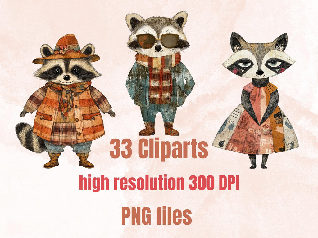 Whimsical Raccoon Mixed Media Clipart, Whimsy Raccoon Fussy Cut Collage Sheet, Quirky Cut Out Ephemera, PNG + JPG for Scrapbooking, Journal
