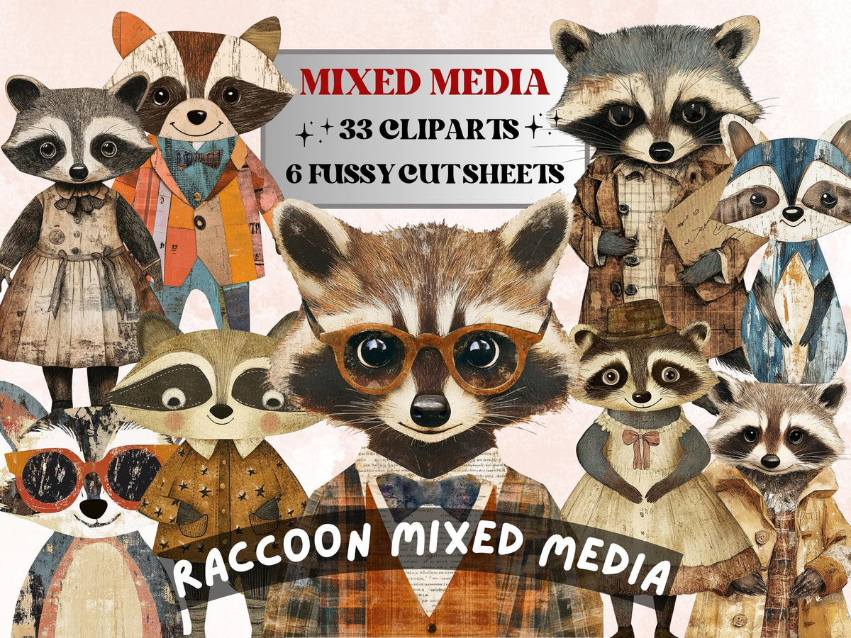 Whimsical Raccoon Mixed Media Clipart, Whimsy Raccoon Fussy Cut Collage Sheet, Quirky Cut Out Ephemera, PNG + JPG for Scrapbooking, Journal