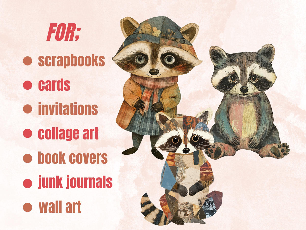 Whimsical Raccoon Mixed Media Clipart, Whimsy Raccoon Fussy Cut Collage Sheet, Quirky Cut Out Ephemera, PNG + JPG for Scrapbooking, Journal