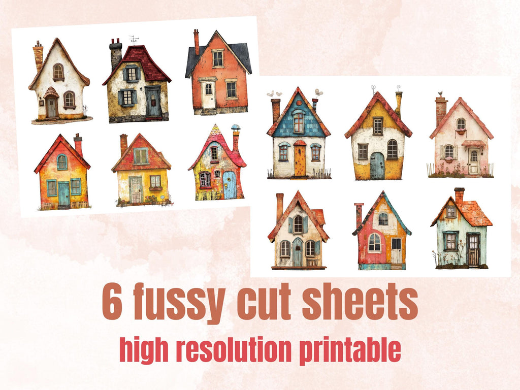 Whimsical House Mixed Media Clipart, Whimsy House Fussy Cut Collage Sheet, Quirky Cut Out Ephemera, PNG + JPG for Scrapbooking, Junk Journal