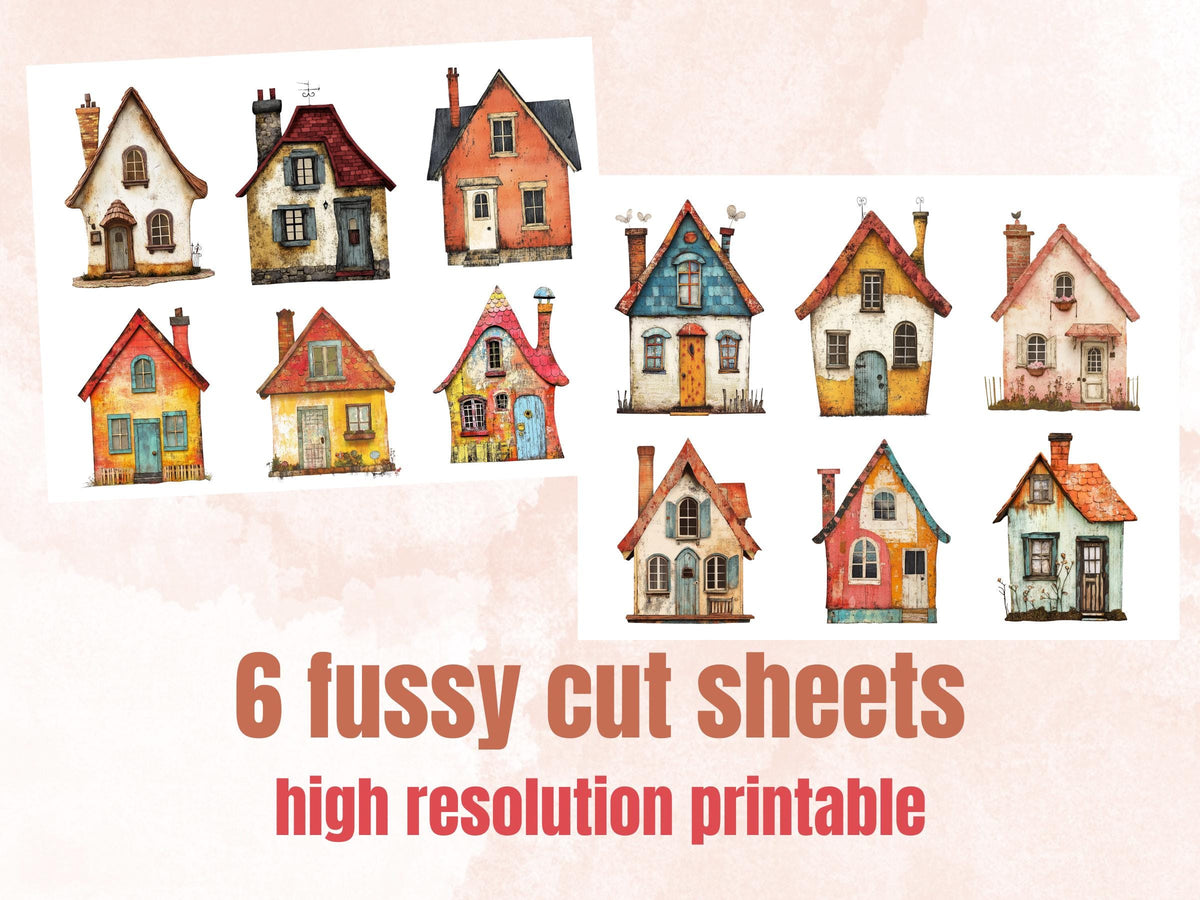 Whimsical House Mixed Media Clipart, Whimsy House Fussy Cut Collage Sheet, Quirky Cut Out Ephemera, PNG + JPG for Scrapbooking, Junk Journal