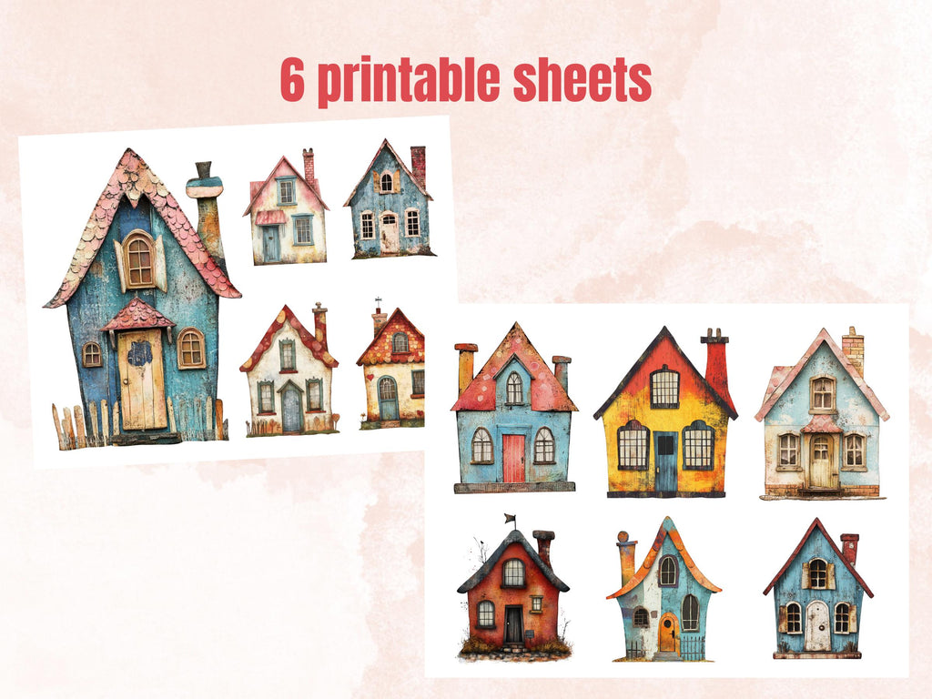 Whimsical House Mixed Media Clipart, Whimsy House Fussy Cut Collage Sheet, Quirky Cut Out Ephemera, PNG + JPG for Scrapbooking, Junk Journal