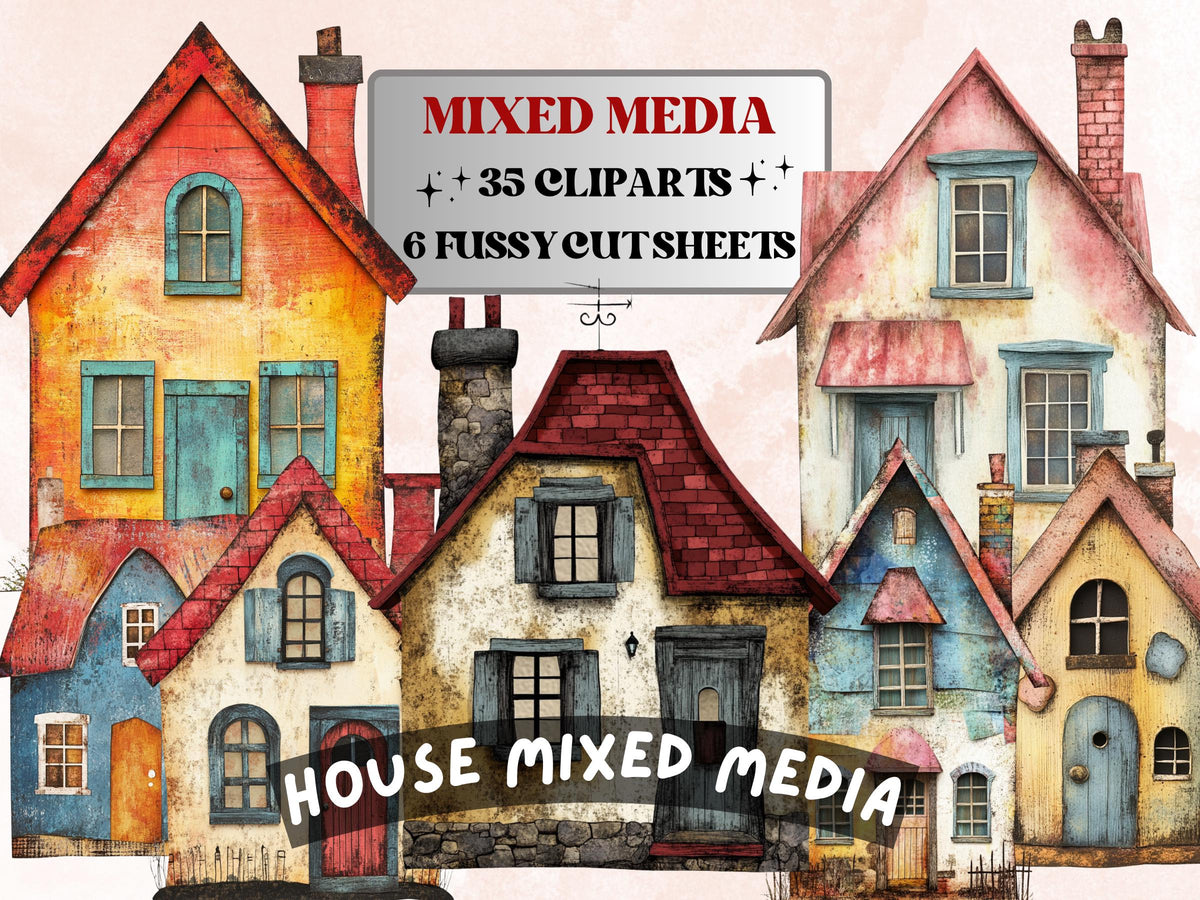 Whimsical House Mixed Media Clipart, Whimsy House Fussy Cut Collage Sheet, Quirky Cut Out Ephemera, PNG + JPG for Scrapbooking, Junk Journal