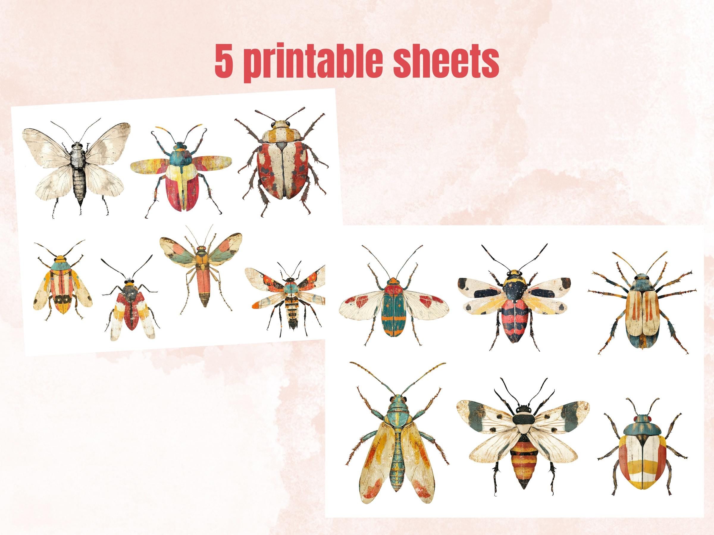 Whimsical Insect Mixed Media Clipart, Whimsy Bug Fussy Cut Collage Sheet, Quirky Cut Out Ephemera, PNG + JPG for Scrapbooking, Junk Journal