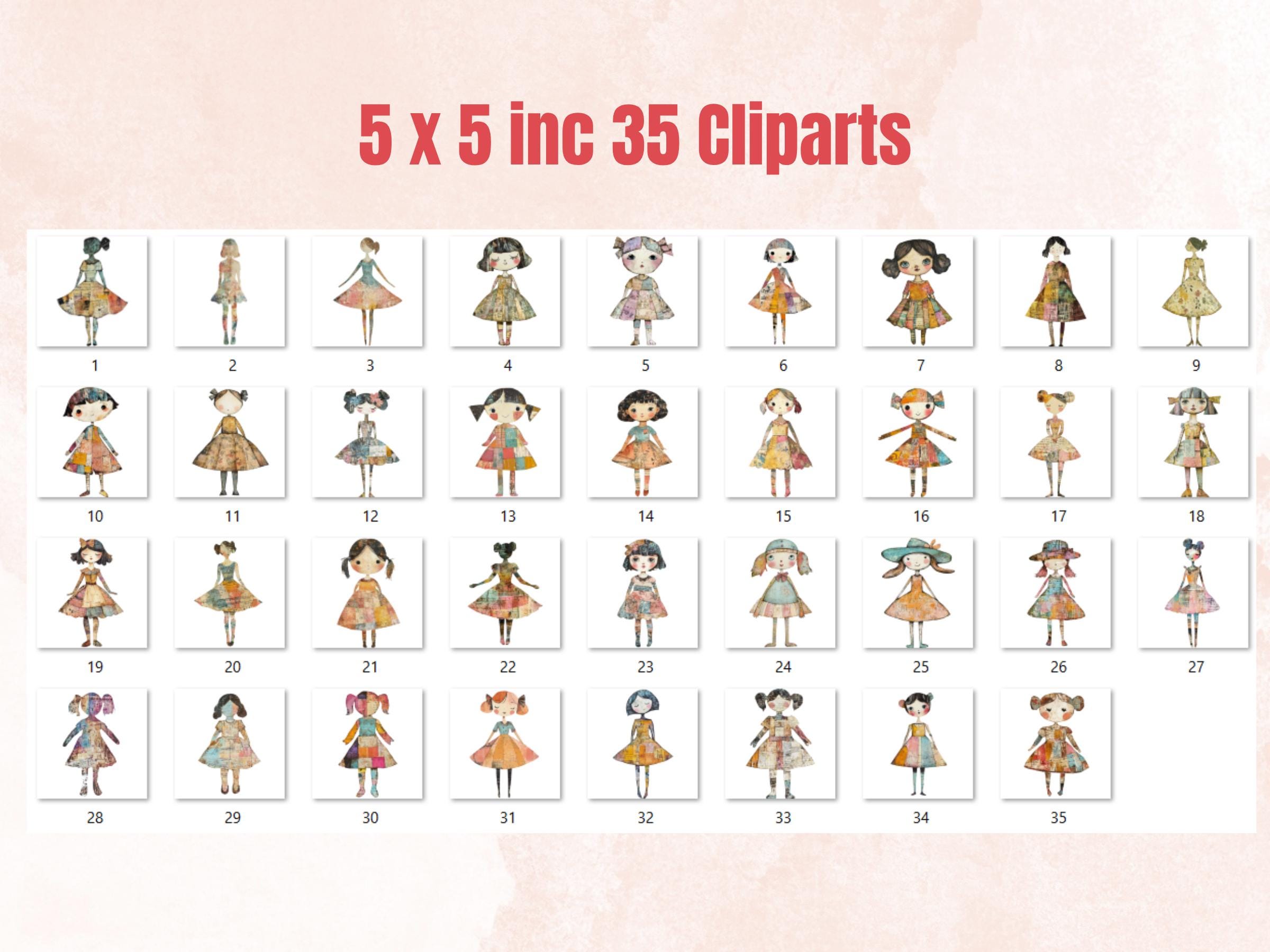 Whimsical Pastel Doll Mixed Media Clipart, Whimsy Girl Fussy Cut Collage Sheet, Quirky Cut Out Ephemera, PNG + JPG for Scrapbooking, Journal