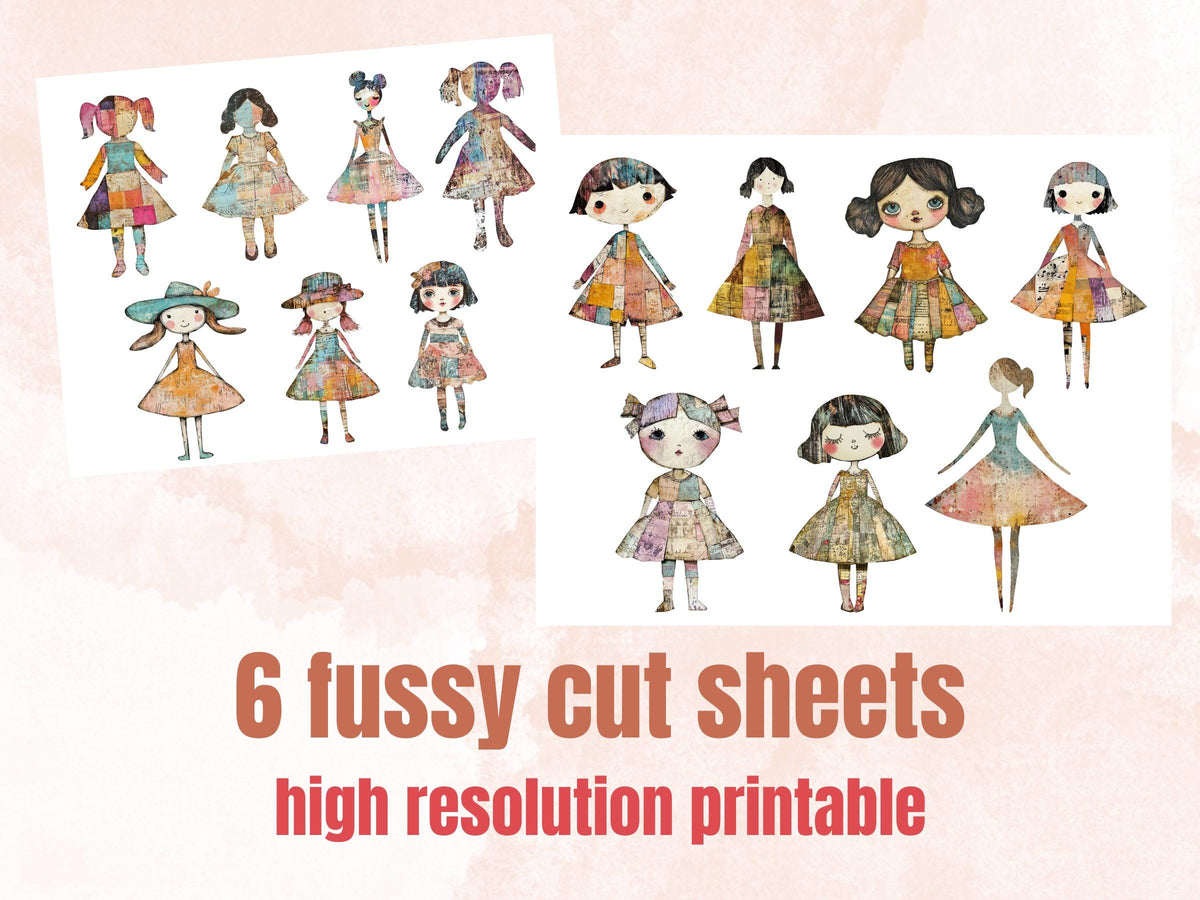 Whimsical Pastel Doll Mixed Media Clipart, Whimsy Girl Fussy Cut Collage Sheet, Quirky Cut Out Ephemera, PNG + JPG for Scrapbooking, Journal