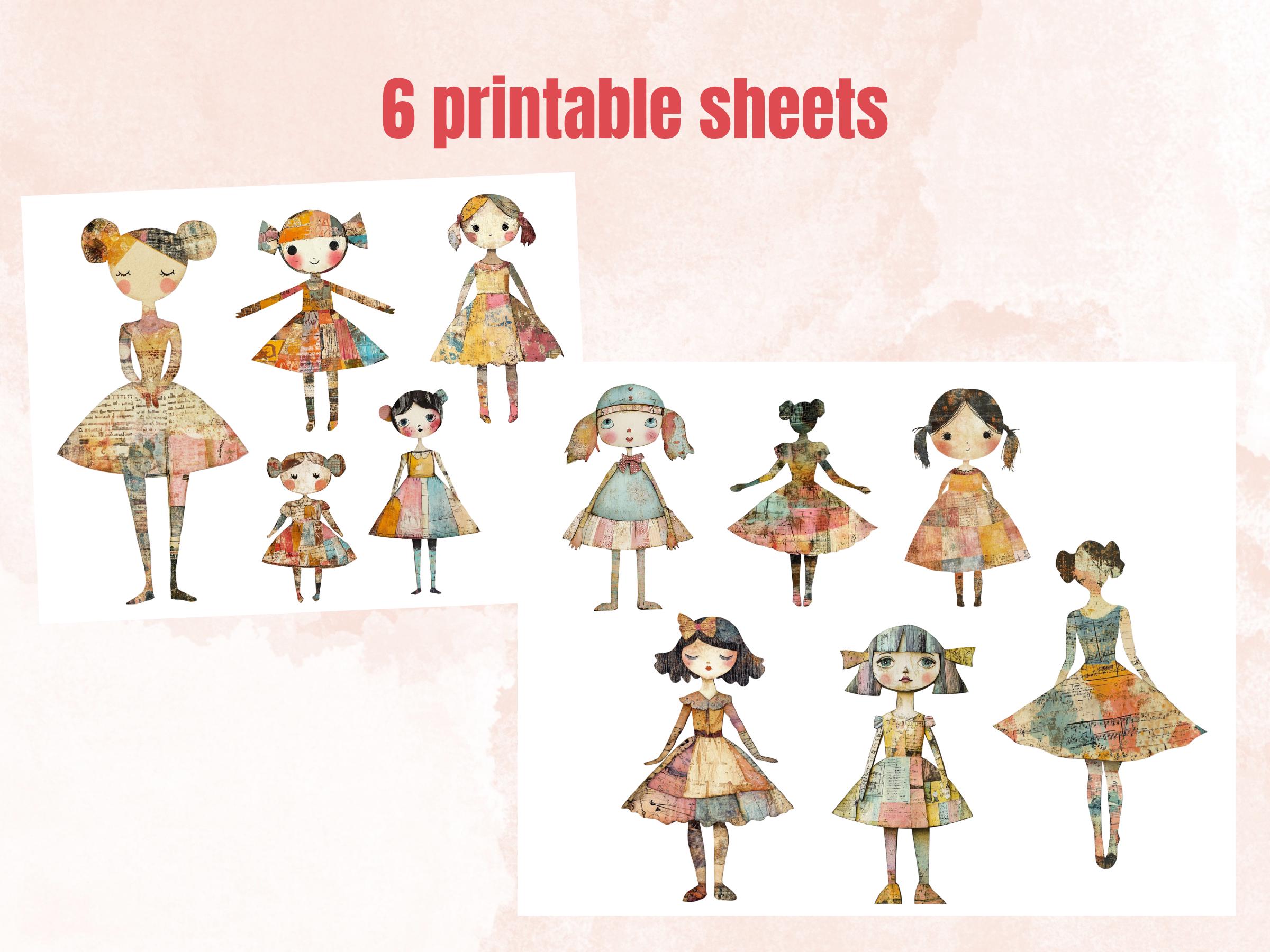 Whimsical Pastel Doll Mixed Media Clipart, Whimsy Girl Fussy Cut Collage Sheet, Quirky Cut Out Ephemera, PNG + JPG for Scrapbooking, Journal