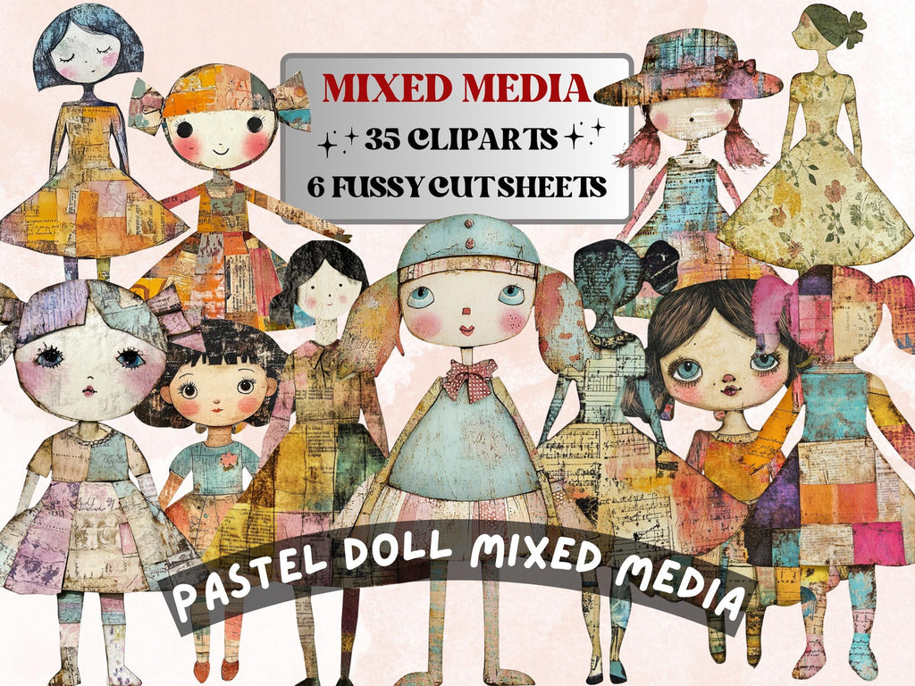Whimsical Pastel Doll Mixed Media Clipart, Whimsy Girl Fussy Cut Collage Sheet, Quirky Cut Out Ephemera, PNG + JPG for Scrapbooking, Journal