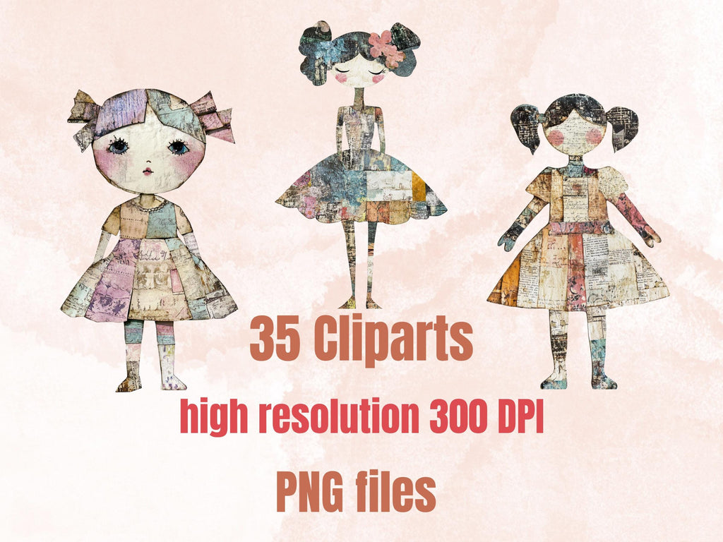 Whimsical Pastel Doll Mixed Media Clipart, Whimsy Girl Fussy Cut Collage Sheet, Quirky Cut Out Ephemera, PNG + JPG for Scrapbooking, Journal