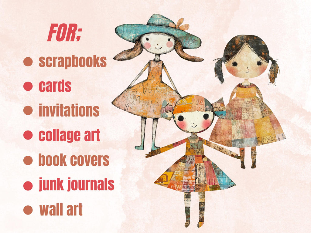 Whimsical Pastel Doll Mixed Media Clipart, Whimsy Girl Fussy Cut Collage Sheet, Quirky Cut Out Ephemera, PNG + JPG for Scrapbooking, Journal
