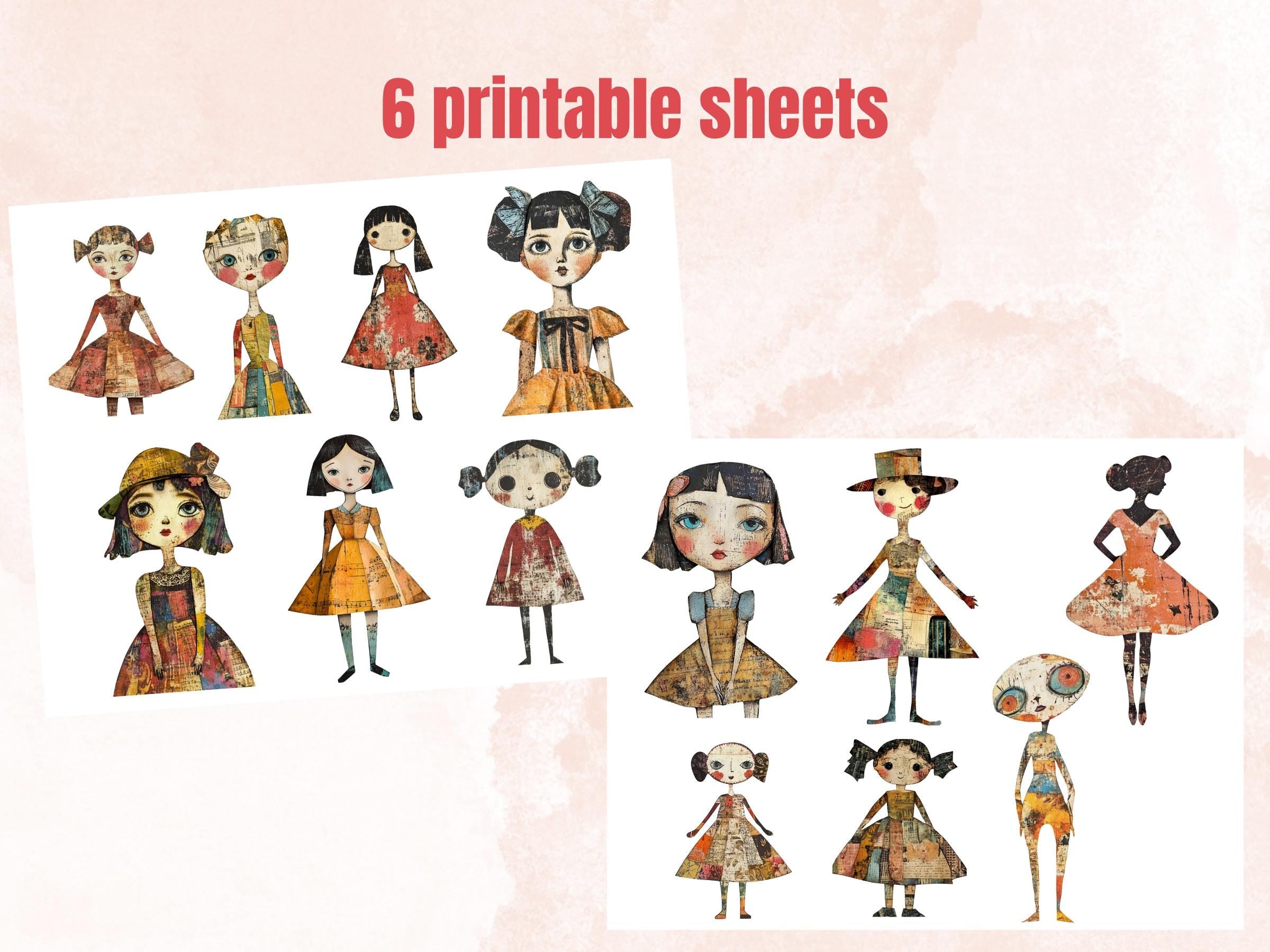 Whimsical Surreal Doll Mixed Media Clipart, Fantasy Girl Fussy Cut Collage Sheet, Quirky Cut Out Ephemera, Grunge Texture for Scrapbooking
